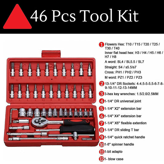 Premium Tool Kit 46 Pieces for Automotive Repair, Household, Car & Bicycle Repairs Metric screwdriver Set with Storage Case